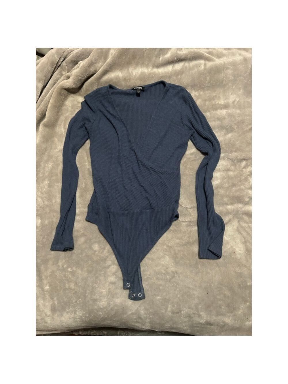 Women's Express Blue Ribbed Long Sleeve Bodysuit S